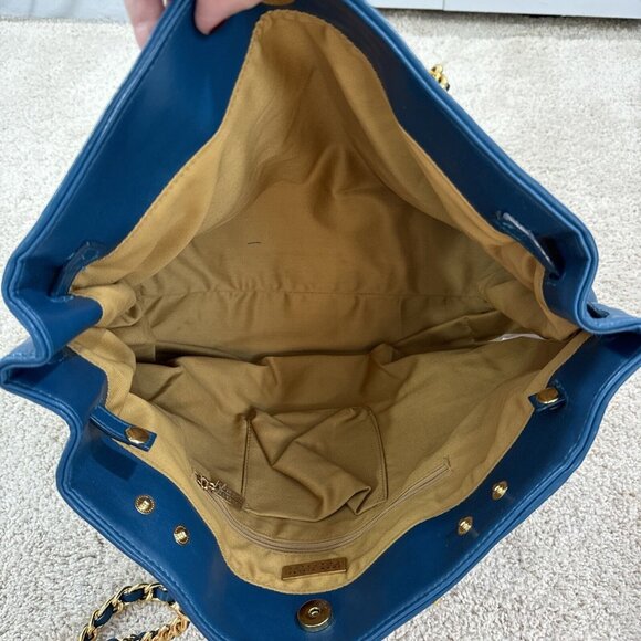 Joan Rivers Slouchy Teal Faux Leather Woven Tote Shoulder Bag Gold Chain Strap L - Picture 12 of 16